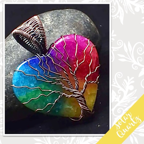 Rainbow Solar Quartz Copper Artisan Wire Wrap Pendant 1.68” (Blue Yellow Pink) - Picture 1 of 2
